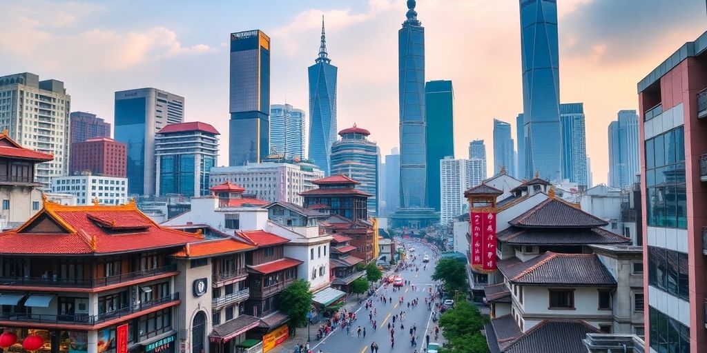 Shanghai cityscape showcasing modern and traditional architecture.