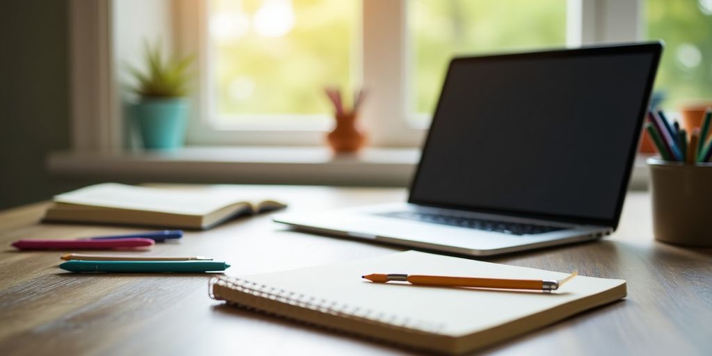 A bright workspace with a laptop and stationery.