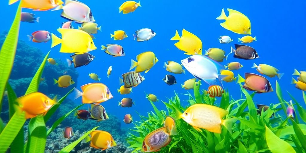 Peces tropicales coloridos nadando en una exuberante escena submarina.