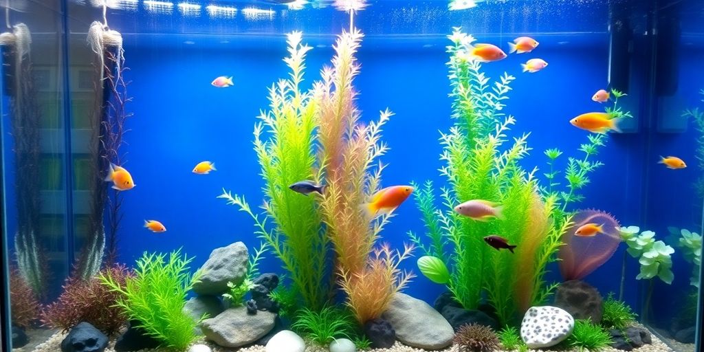 Large fish tank with colorful fish and plants.