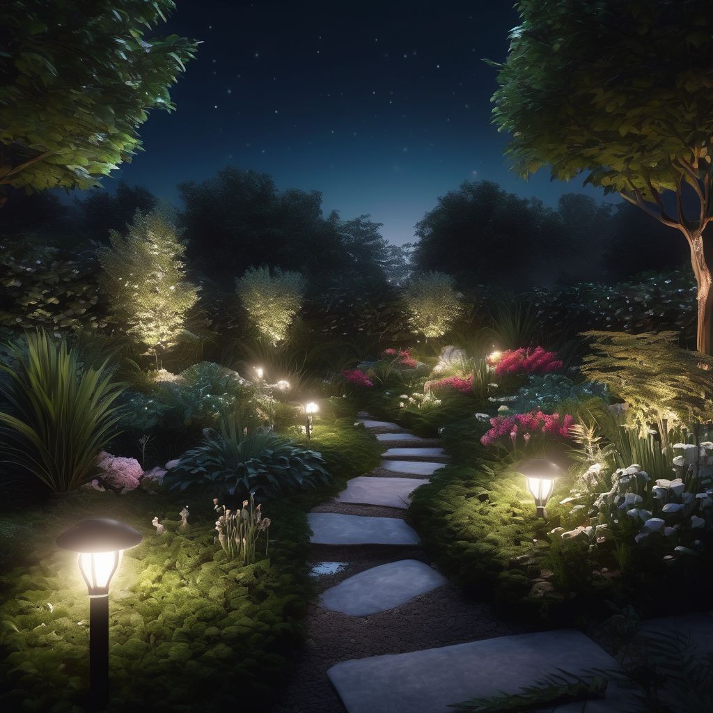 dreamy garden landscape at night with artistic lighting