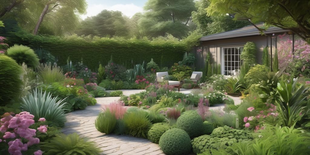 lush garden design with gardener maintaining plants