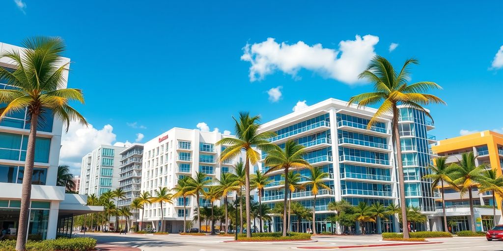Broward real estate with modern buildings and palm trees