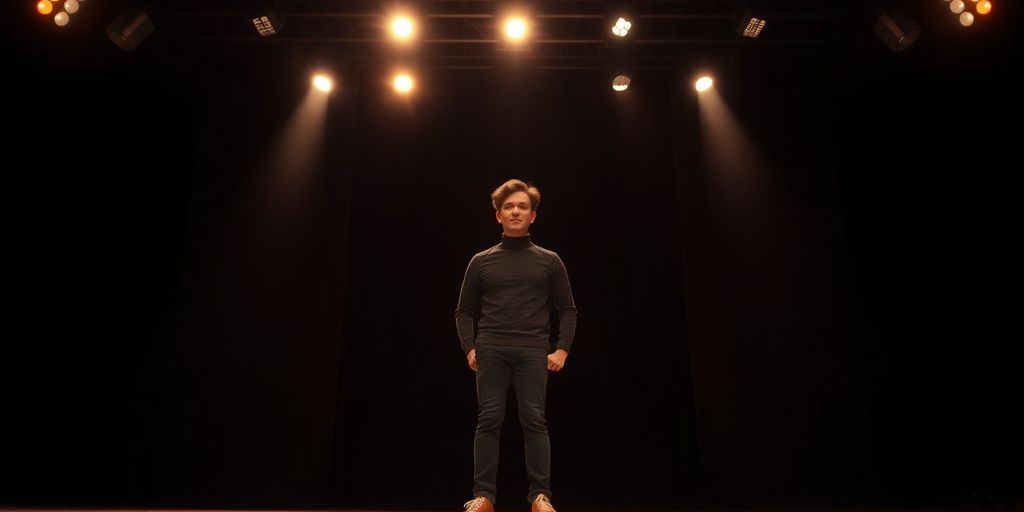 Person confidently speaking on a brightly lit stage.
