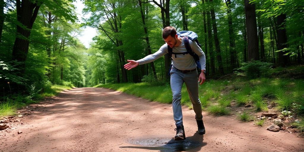 Hikers helping each other on a sunny trail.