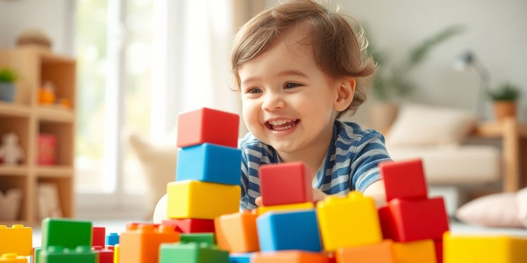 Brinquedos para Crianças de 2 Anos 1 Criança sorrindo brincando com blocos coloridos