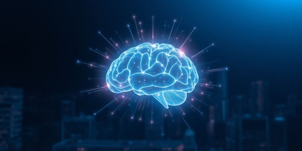 Glowing AI brain with flowing data