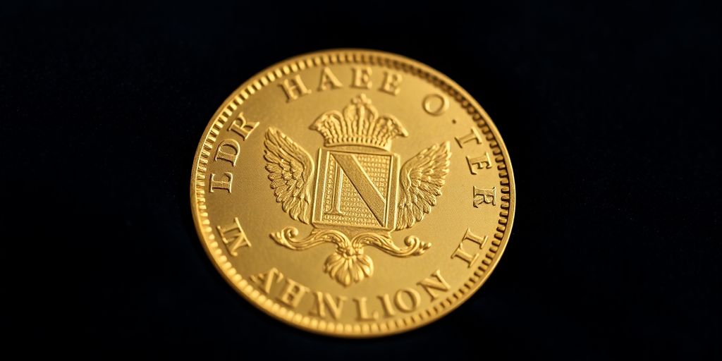 Pièce d'or Napoléon sur fond en velours noir.