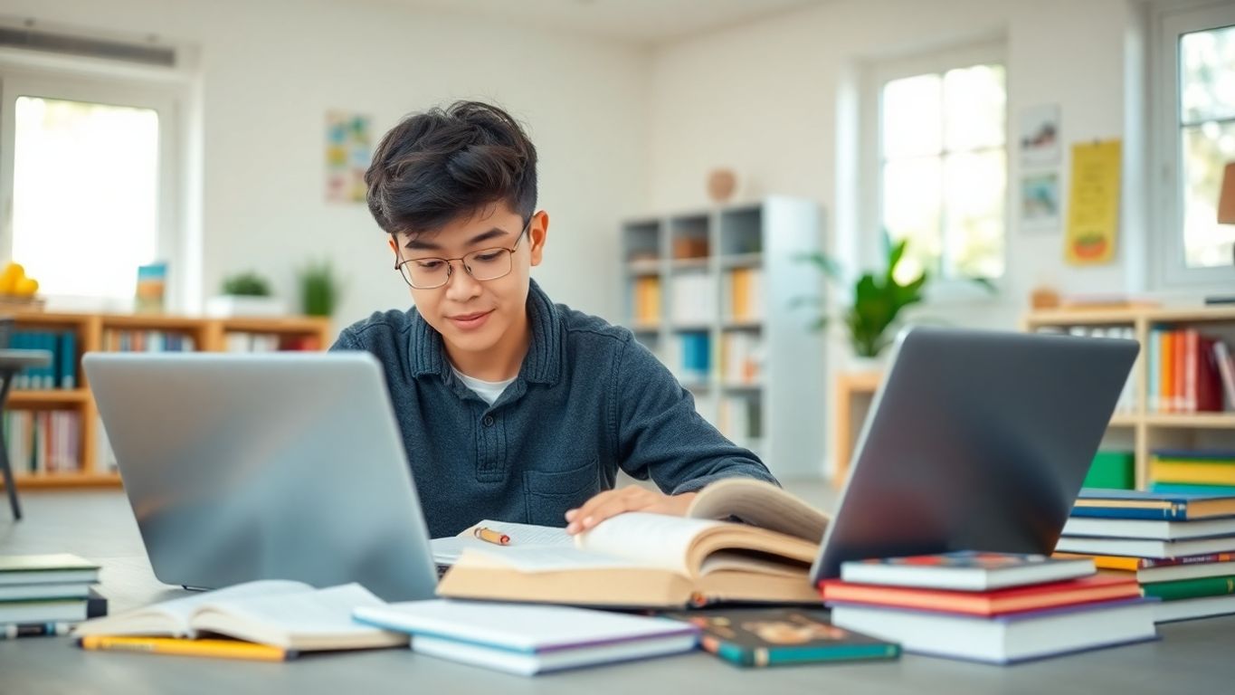 Estudante com livros e computador em um ambiente luminoso.