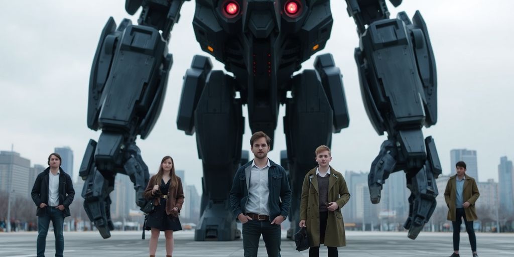 Young graduates facing large, dark AI robot.
