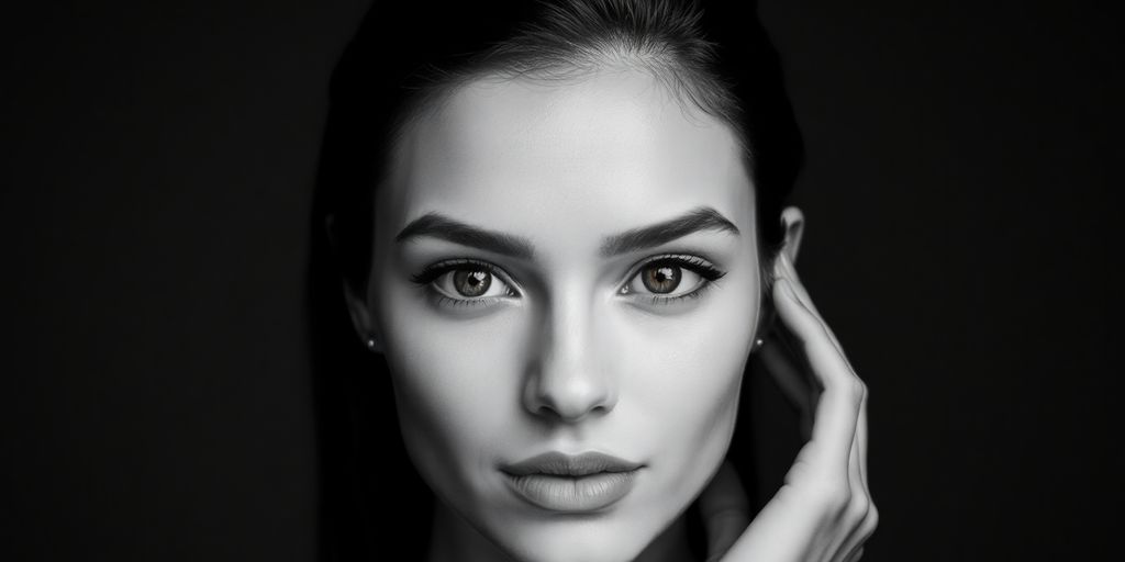 Black and white headshot with elegant makeup and soft lighting.