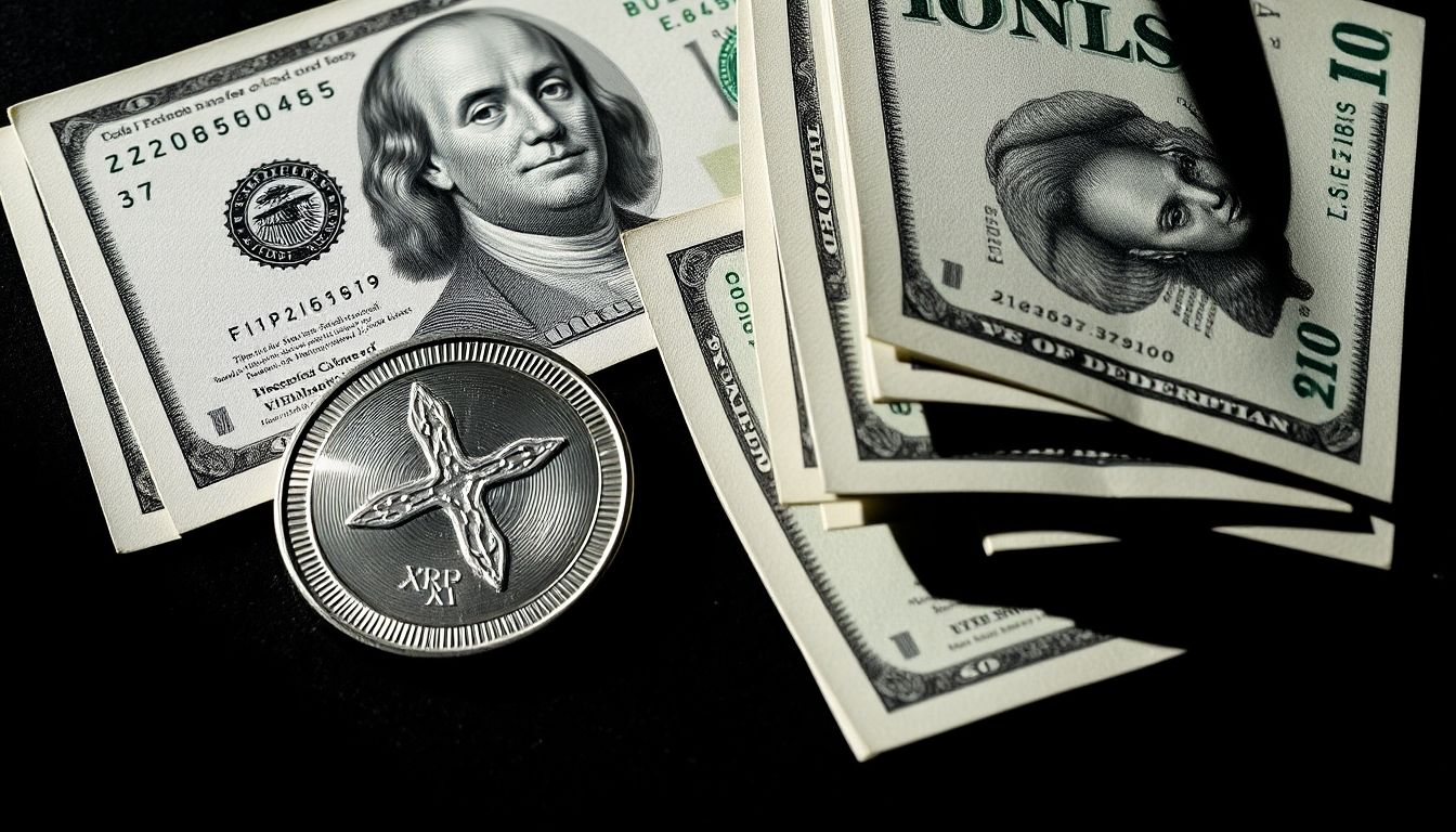 XRP coin and pile of cash, financial downturn concept.