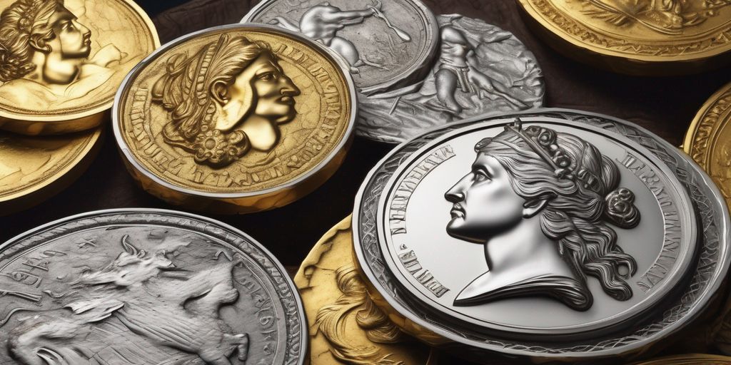 ancient gold and silver coins with a backdrop of the New World discovery