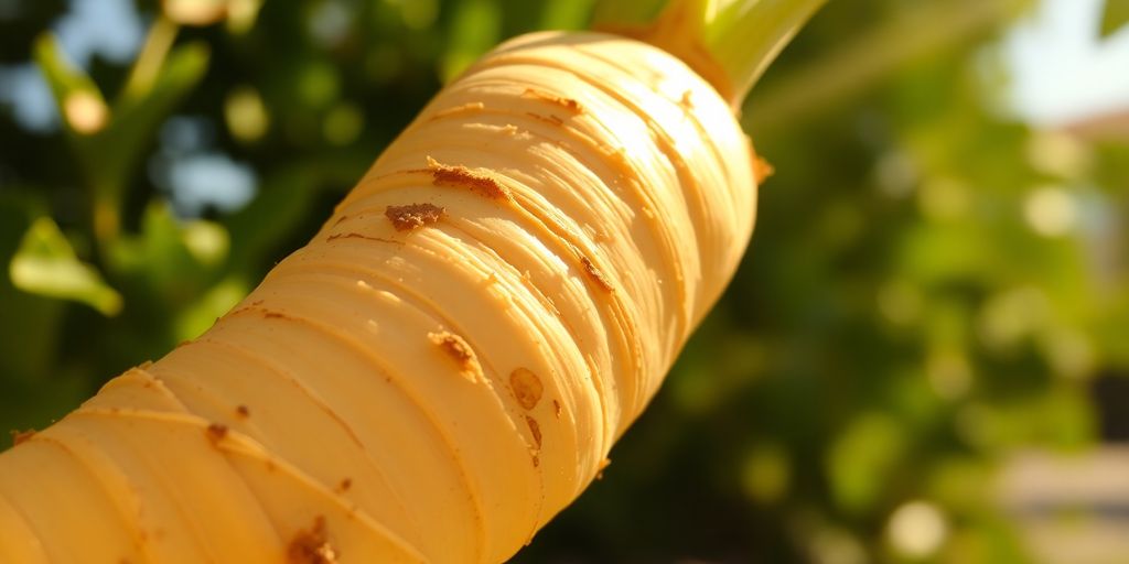 A bright parsnip root vegetable on a sunny surface.