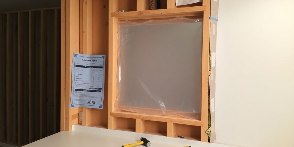 Kitchen under construction, permit visible.