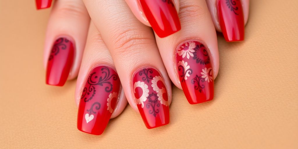 Unhas vermelhas decoradas com designs elegantes.