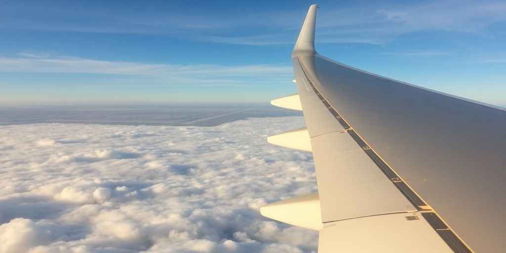 Airplane wing over clouds, airport in background.