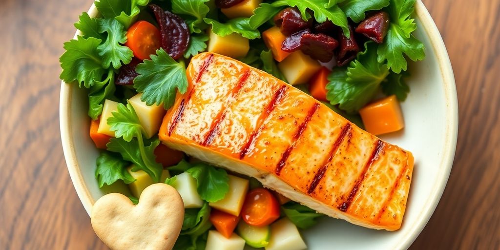 Heart-healthy salad and grilled fish on a plate.