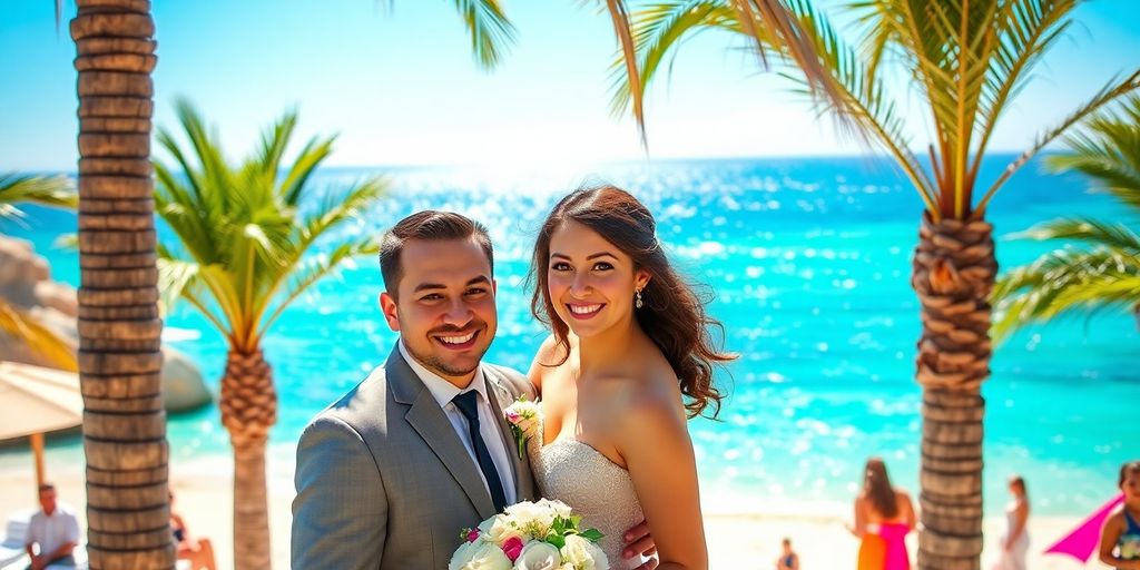 Couple celebrating on a sunny Cabo beach wedding.