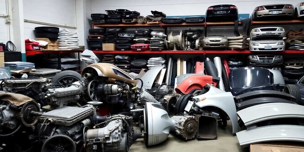 Mitsubishi car parts arranged neatly.