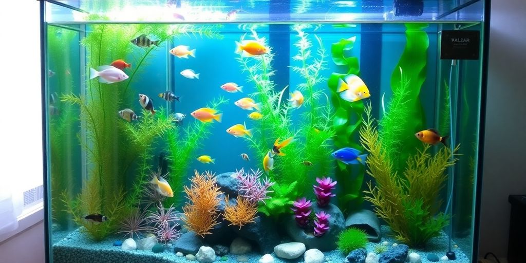 色彩斑斓的鱼在精美装饰的水族箱中游动。