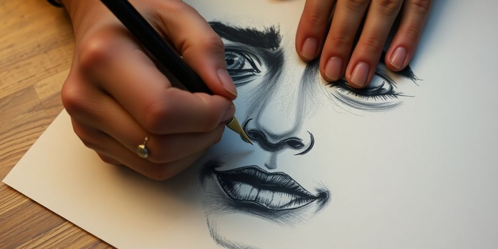Artist drawing emotional facial expressions with charcoal.