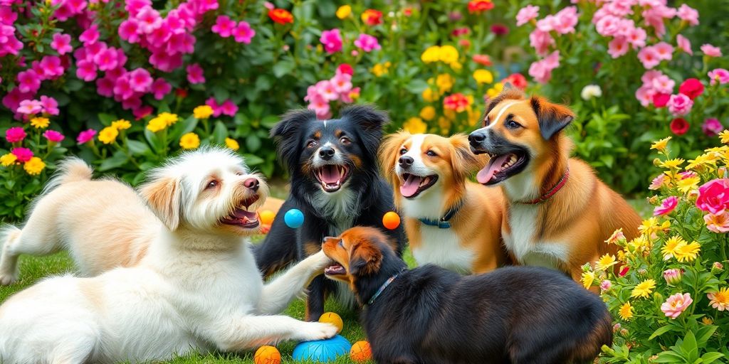 Pets playing together in a colorful garden.