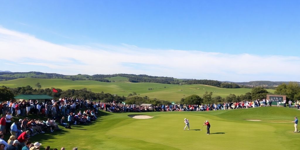 Golfers on a beautiful course during a major tournament.