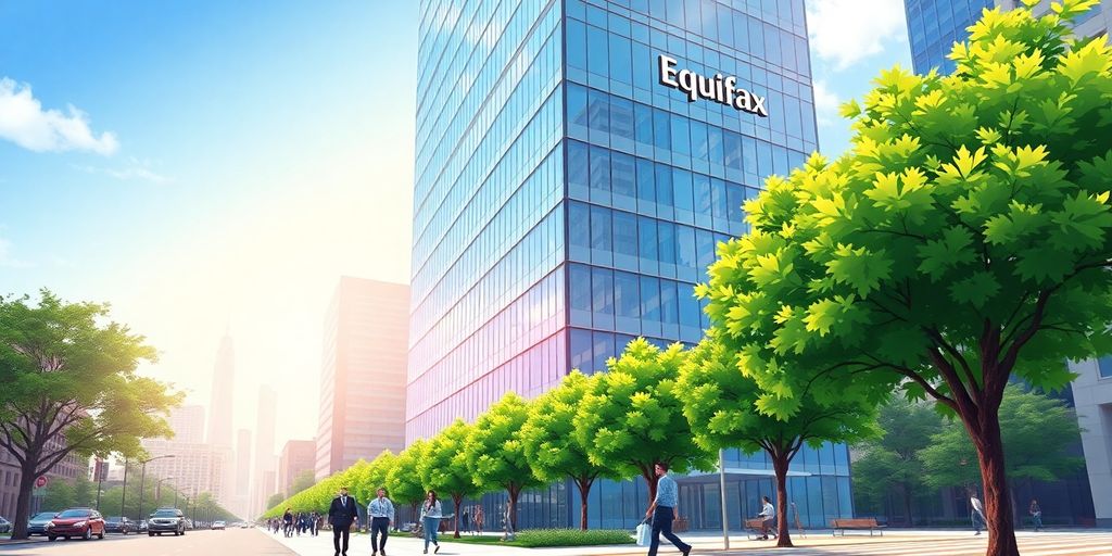 Equifax office tower in Atlanta with walking professionals and trees
