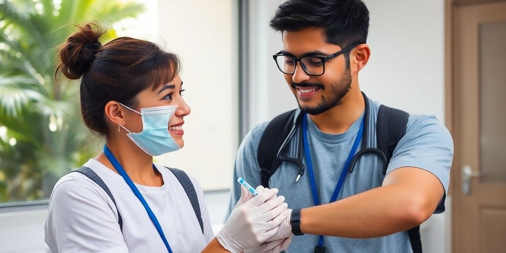 Tourist receiving medical care in tropical clinic