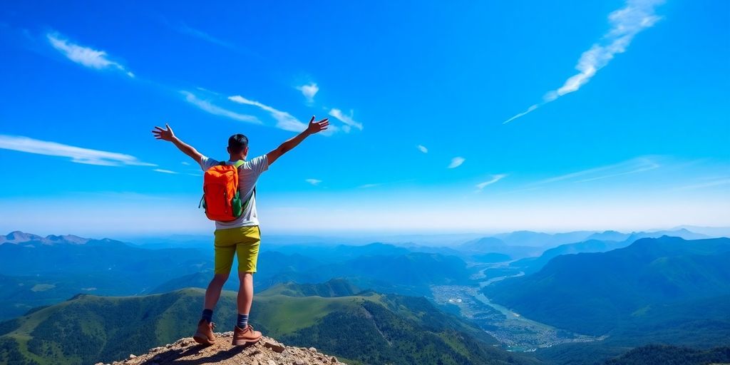 Hiker on mountain trail, scenic view.