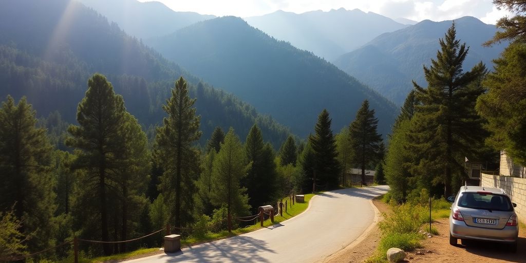Scenic landscape of Malam Jabba and Kalam with a car.