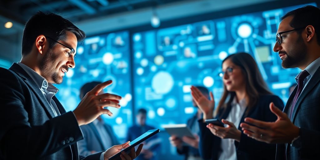 Business professionals collaborating around glowing digital interfaces.