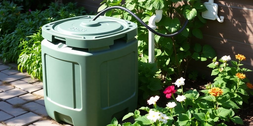 Regenwassertank im Garten aufgestellt