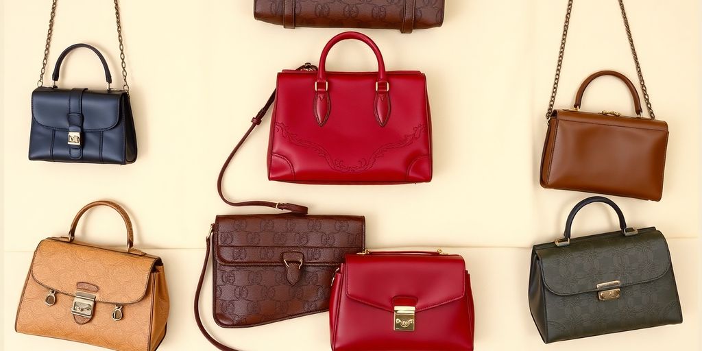 An assortment of vintage handbags on a neutral background.