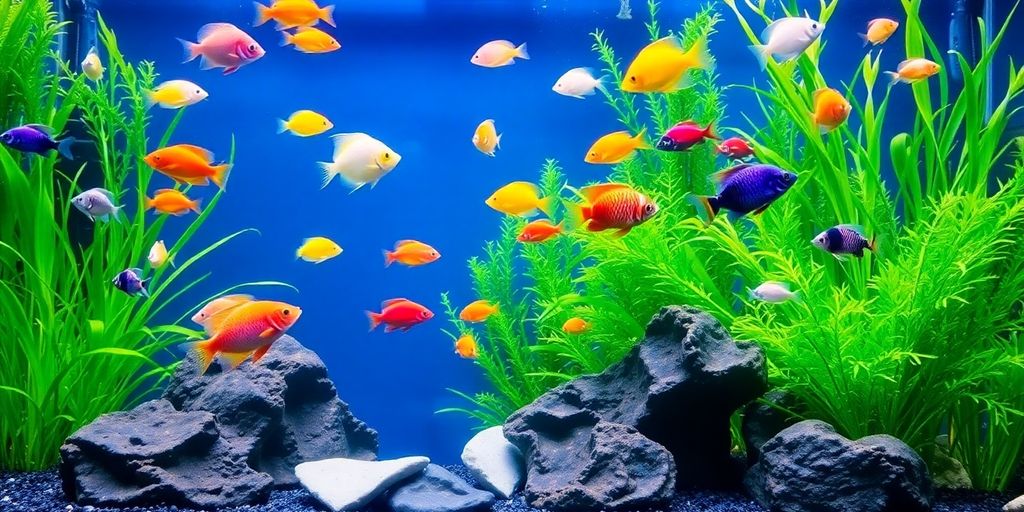色彩斑斓的鱼在郁郁葱葱的水族箱中游动。