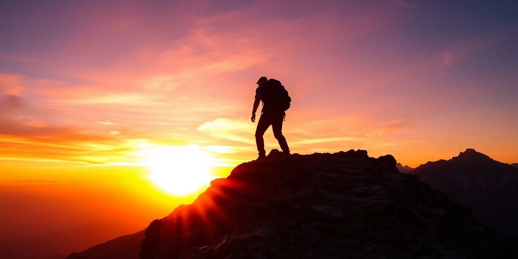 Person climbing a steep, sunlit mountain peak.