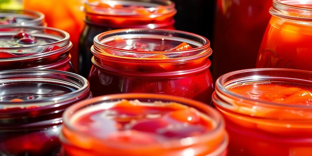 Jars of colorful homemade jam and jelly.