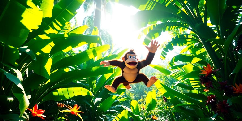 Donkey Kong sautant à travers la jungle luxuriante.