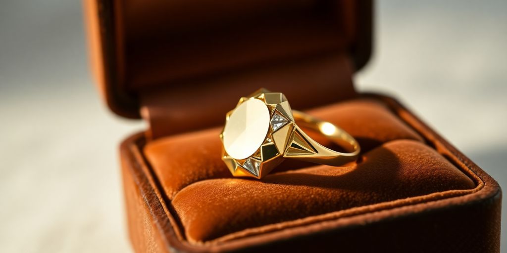 Une bague en or scintillante posée sur un écrin en velours.