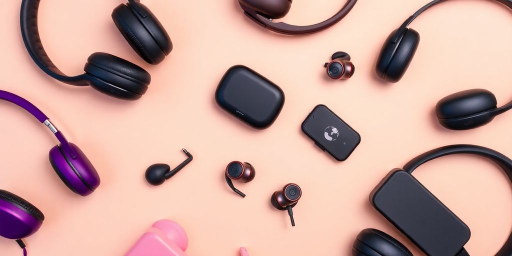 Verschiedene Bluetooth-Kopfhörer in verschiedenen Designs und Farben.