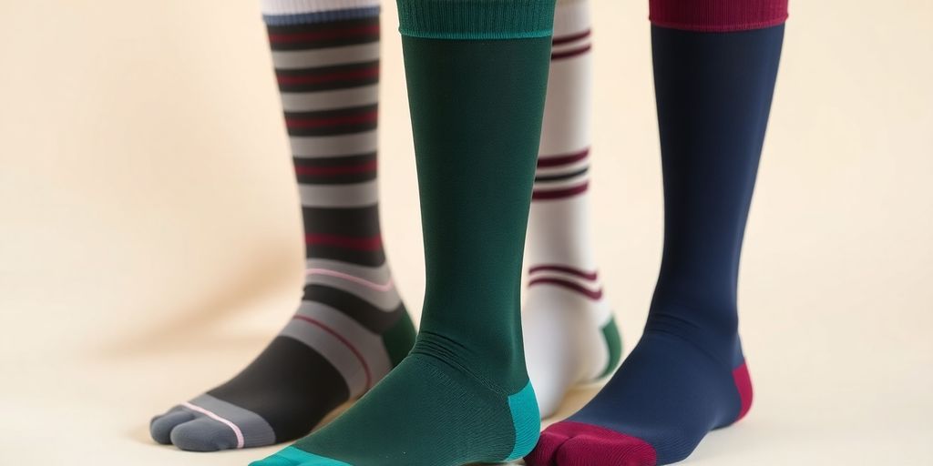 Variety of medical compression socks in colorful designs.