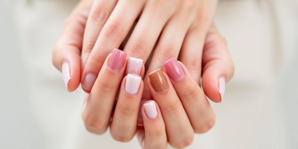Well-groomed hands with colorful, manicured nails.