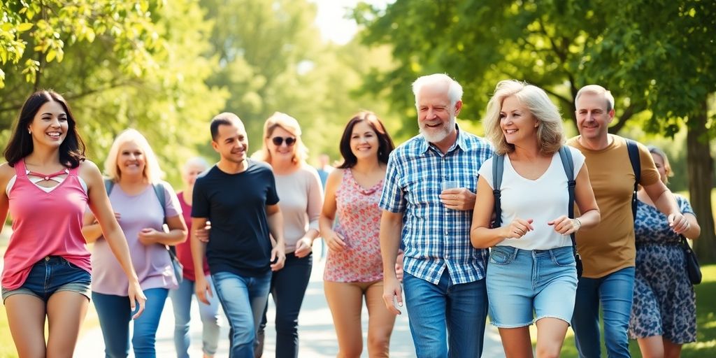 Diverse group smiling, walking outdoors.
