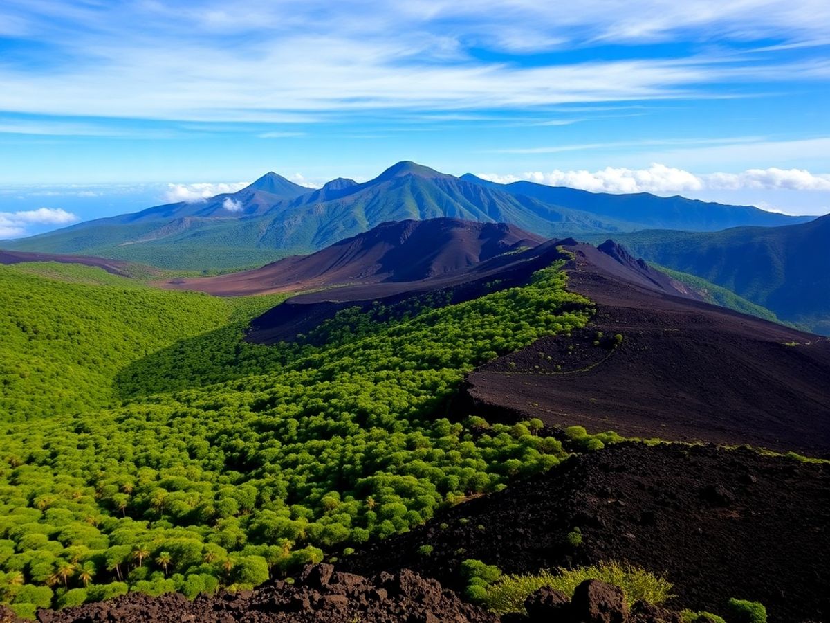 La Palma volcano landscape with lush green forests.