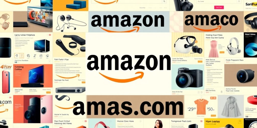 Colorful Amazon product collage with diverse offerings.