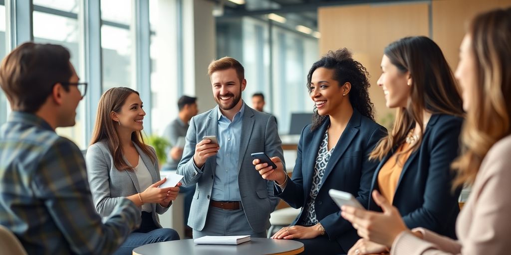 People networking in a modern office space.