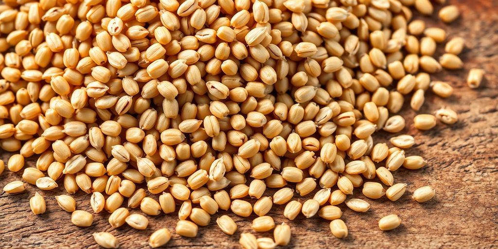 Photograph of golden-brown barley grains on wooden surface.