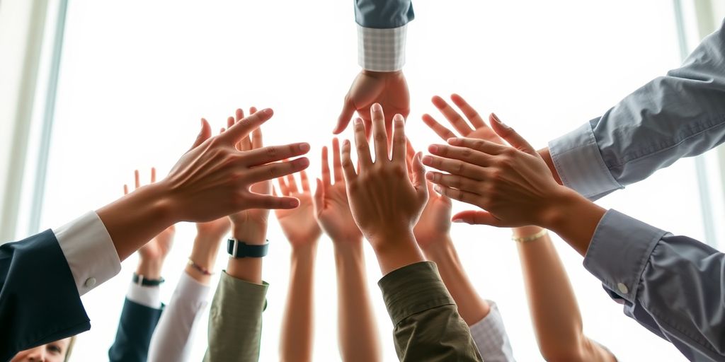 Business people connecting, hands reaching.