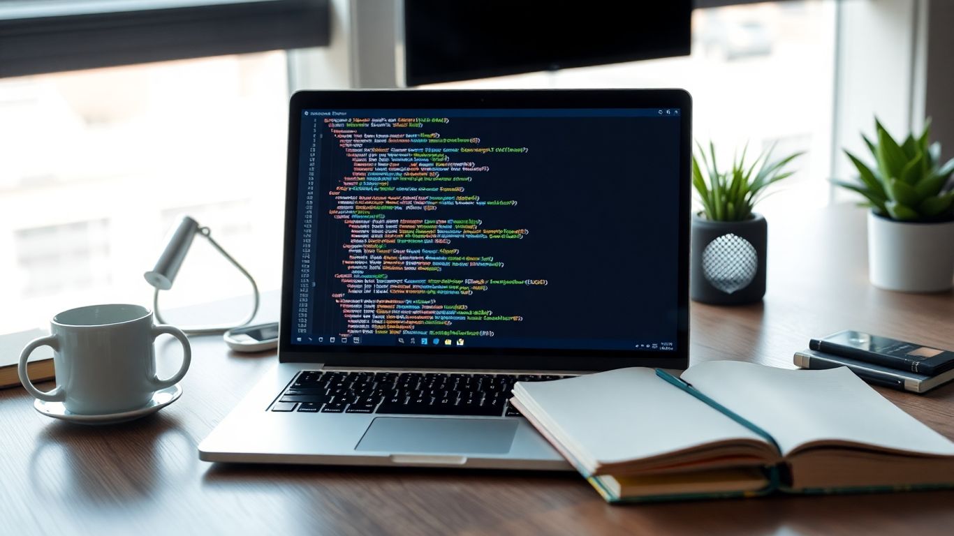 Laptop with Python code in bright workspace with coffee